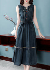 Boutique Denim Blue O-Neck Lace Up Button Cotton Cinch Dresses Sleeveless
